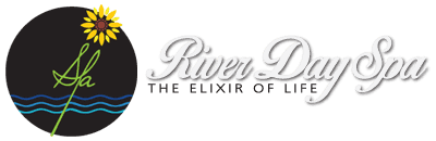 Three Blue Wavy Lines with a beautiful yellow flower that depicts the Spa Text inside the Black Circle, The Riverday Spa's Logo, Text Mentioned.