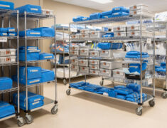 A number of medical storage racks are there with medical equipments arranged on it